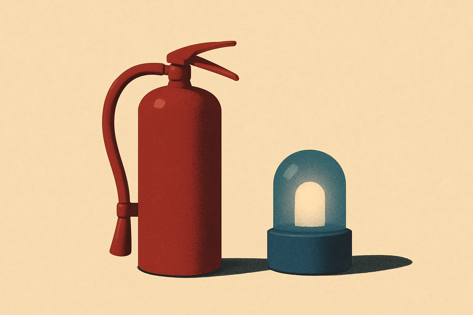 Matte red cylinder and a small steel lamp on warm paper, with no labels